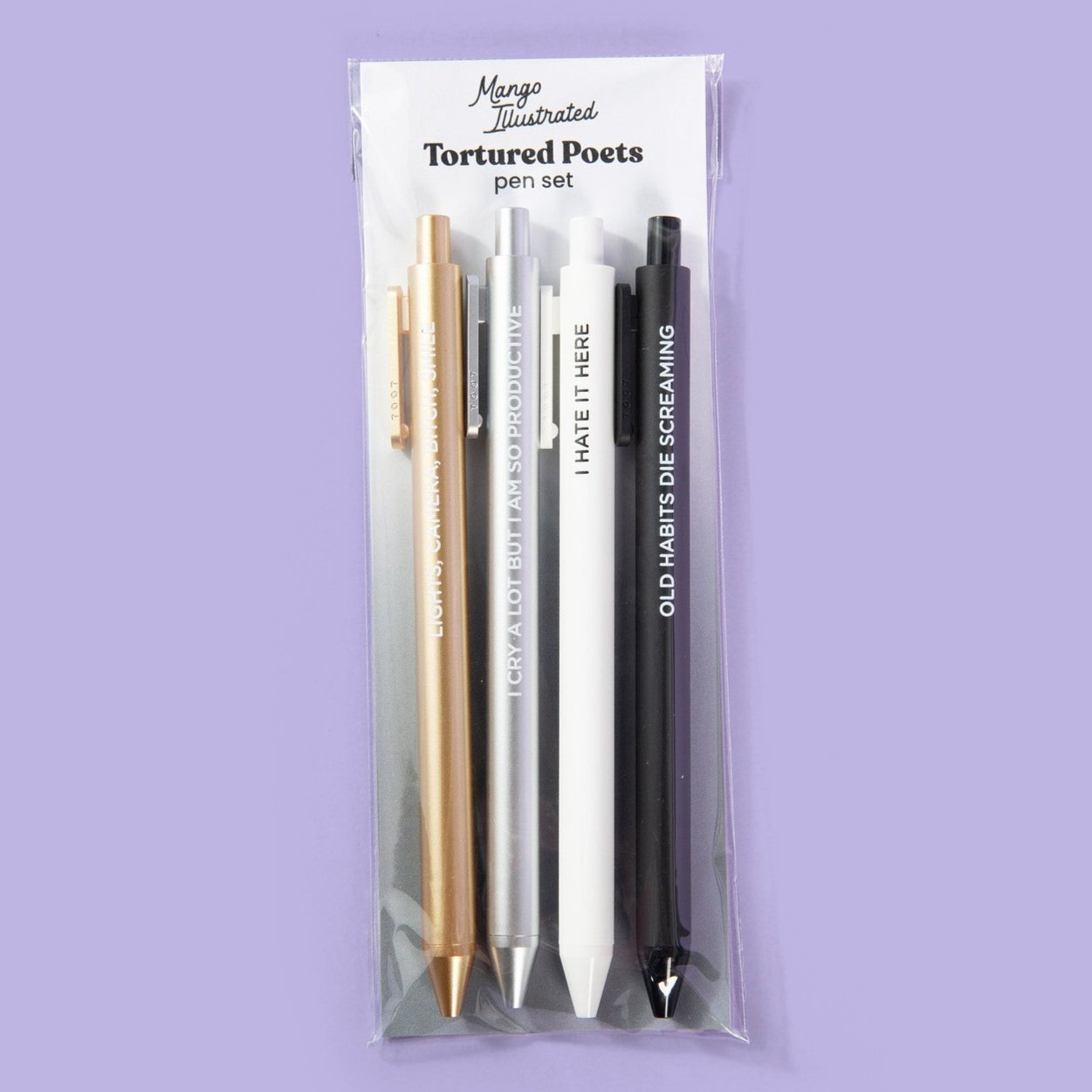 Tortured Poets Pen Set flat lay — monochrome jotter gel pen set for the desk by indie artist MangoIllustrated