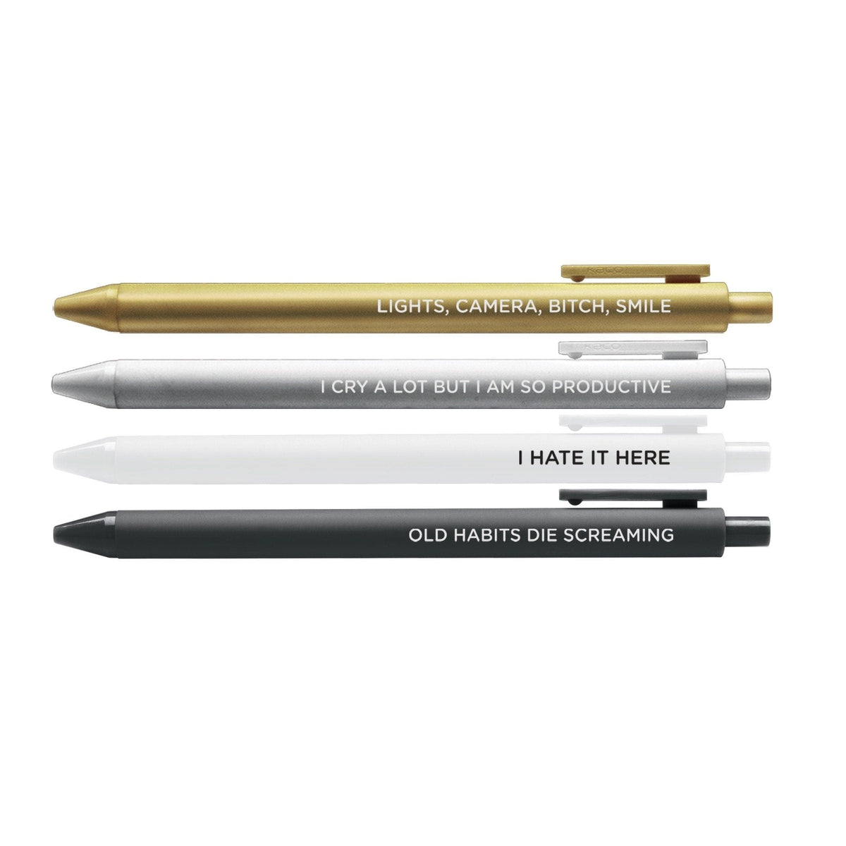Tortured Poets Pen Set close-up — white and black jotter pens with black gel ink by indie artist MangoIllustrated