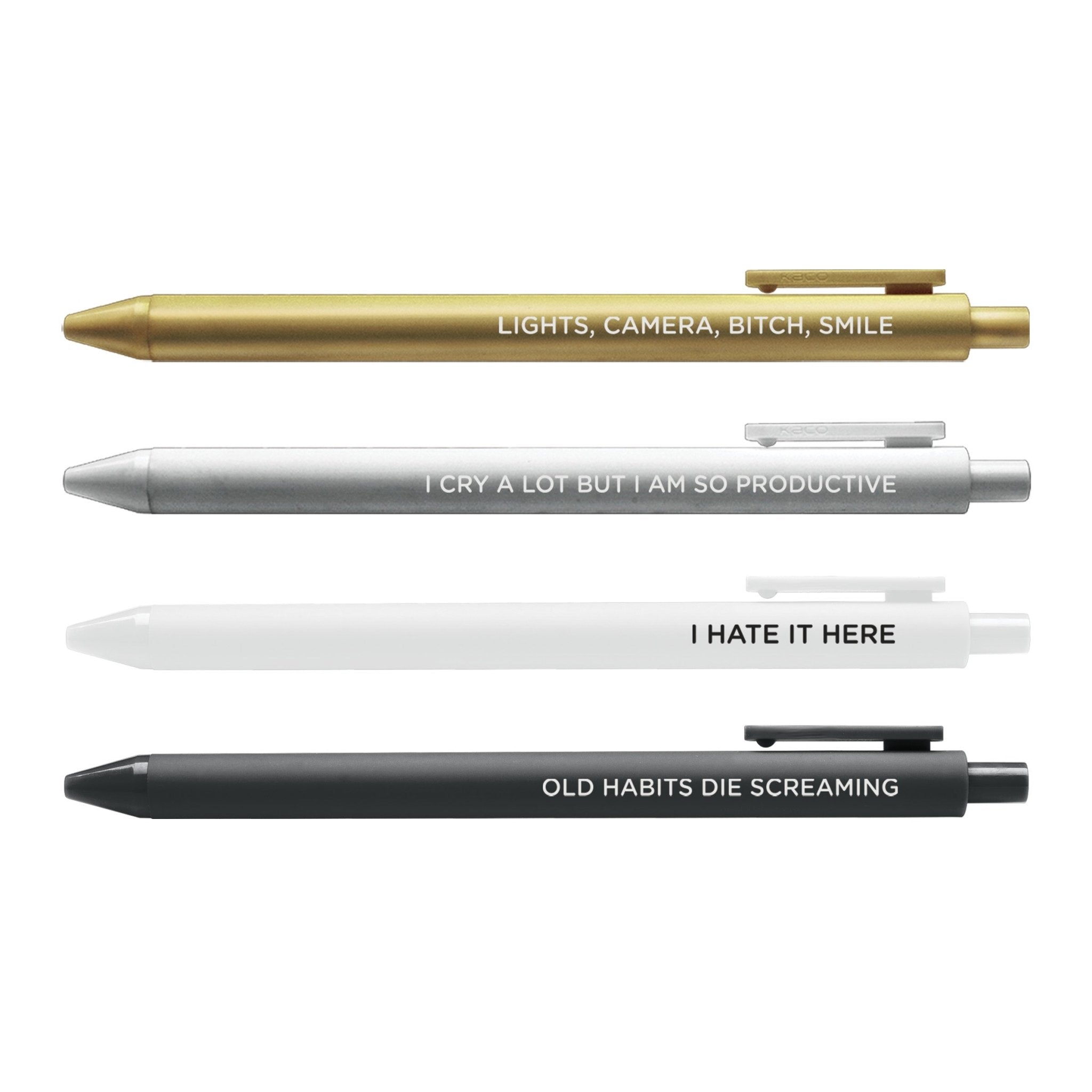 Tortured Poets Pen Set — 4 jotter gel pens in gold, silver, white and black with embossed TTPD phrases, 0.5mm fine point, by MangoIllustrated