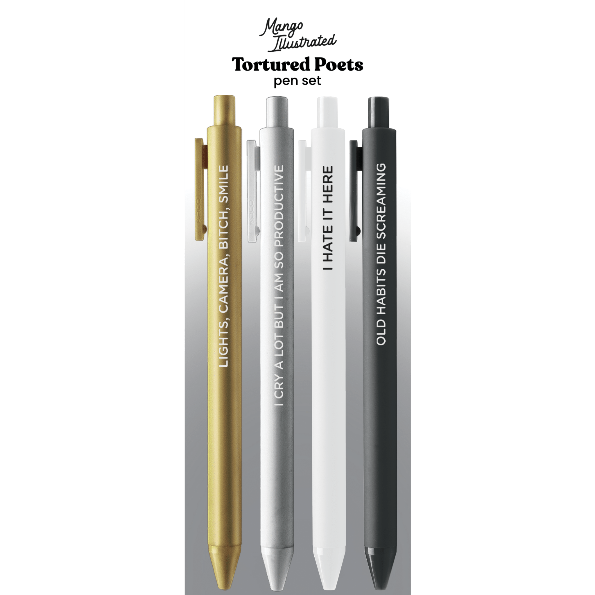 Tortured Poets Pen Set in its cello sleeve with card backing — stationery gift by indie artist MangoIllustrated
