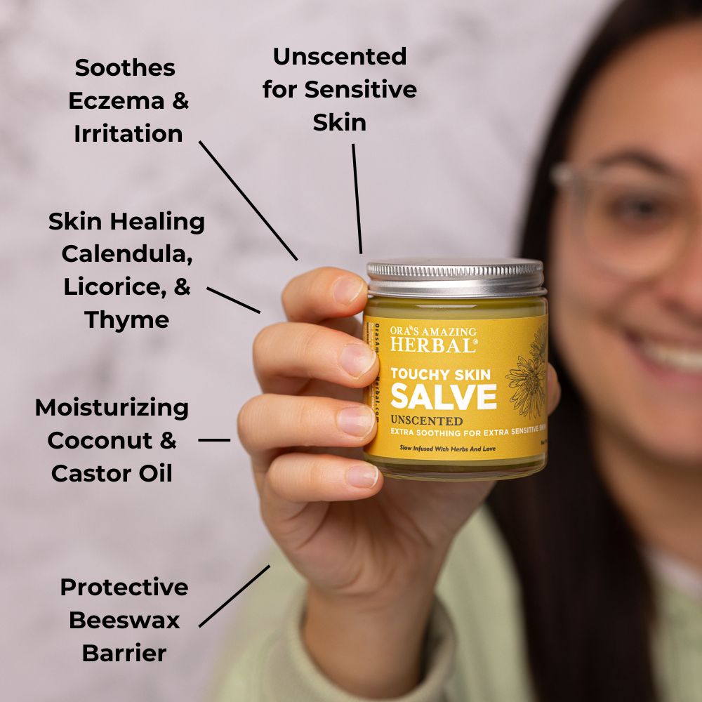 Touchy Skin Salve 4oz with Blurry Sabrina Lifestyle Indoor Benefits Infographics
