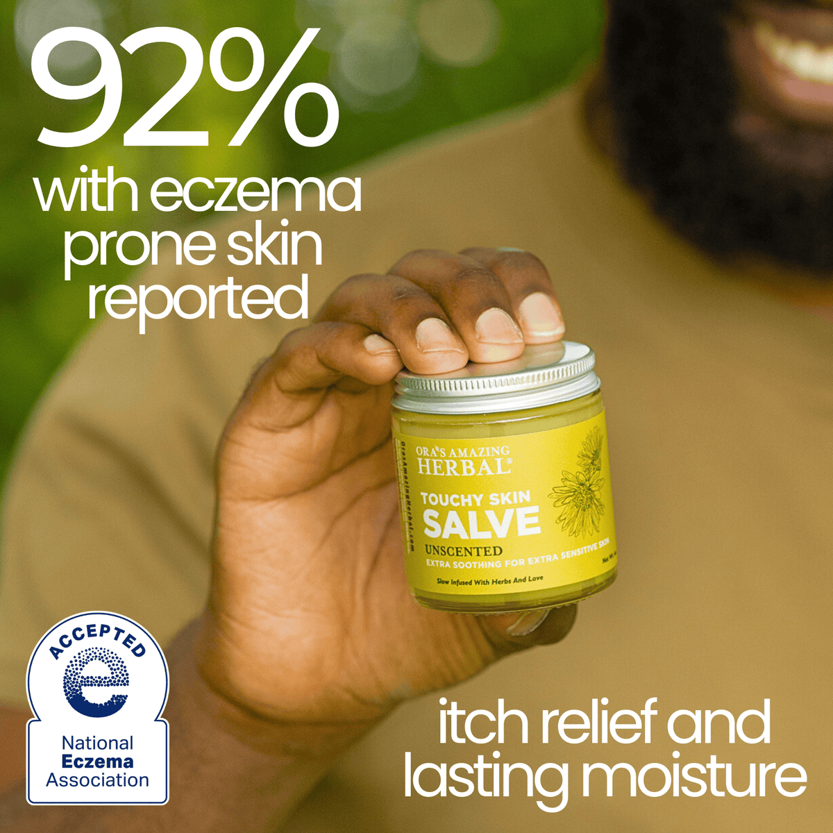 Touchy Skin Salve Lifestyle Outdoor Jason 92 % with Eczema Prone Skin Reported Itch Relief and Lasting Moisture Infographic with NEA Logo