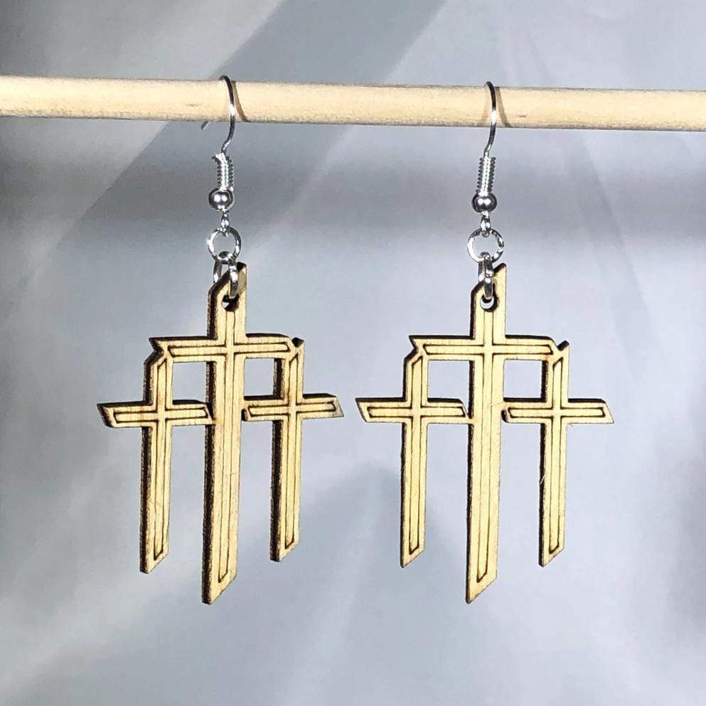 Triple Cross Wooden Dangle Hanging Earrings - - Cate&