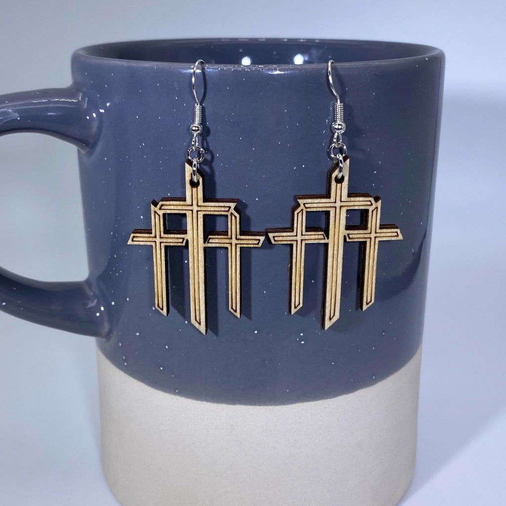 Triple Cross Wooden Dangle Hanging Earrings - - Cate&