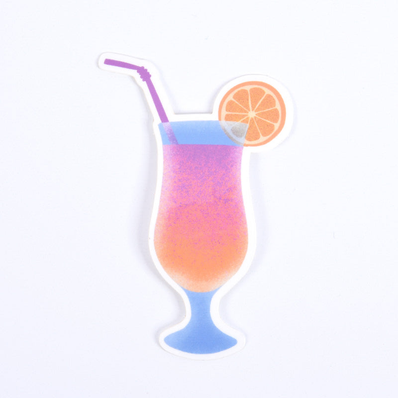 A sticker depicting a colorful cocktail with a swirl of orange liquid, accompanied by a straw and an orange slice