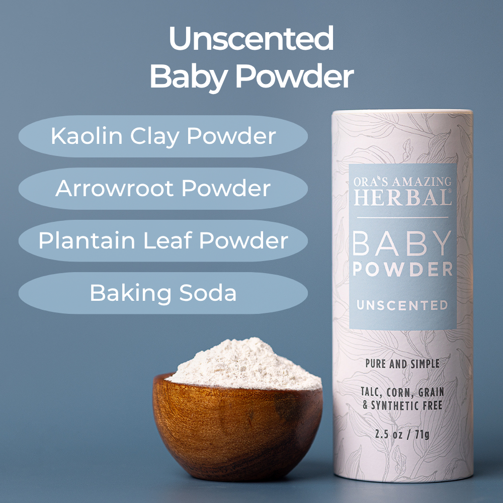 Unscented Baby Powder 2.5oz Ingredients Infographic Indoor in a Blue Background.
