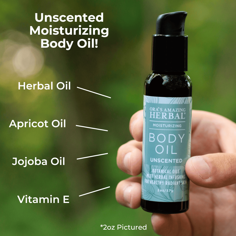 Unscented Bodty Oil 2oz Lifestyle Outdoor Ingredients Infographic