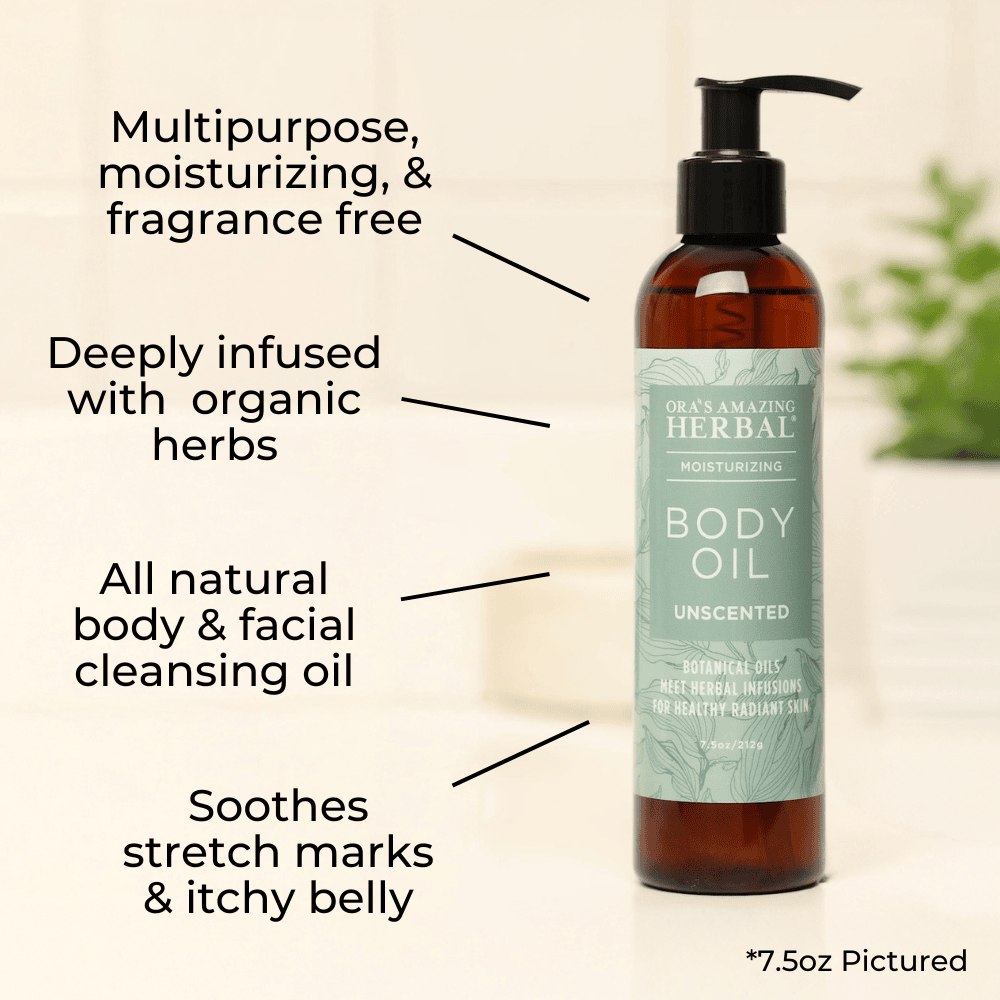 Unscented Body Oil 7.5oz Lifestyle Indoor Benefits Infographic