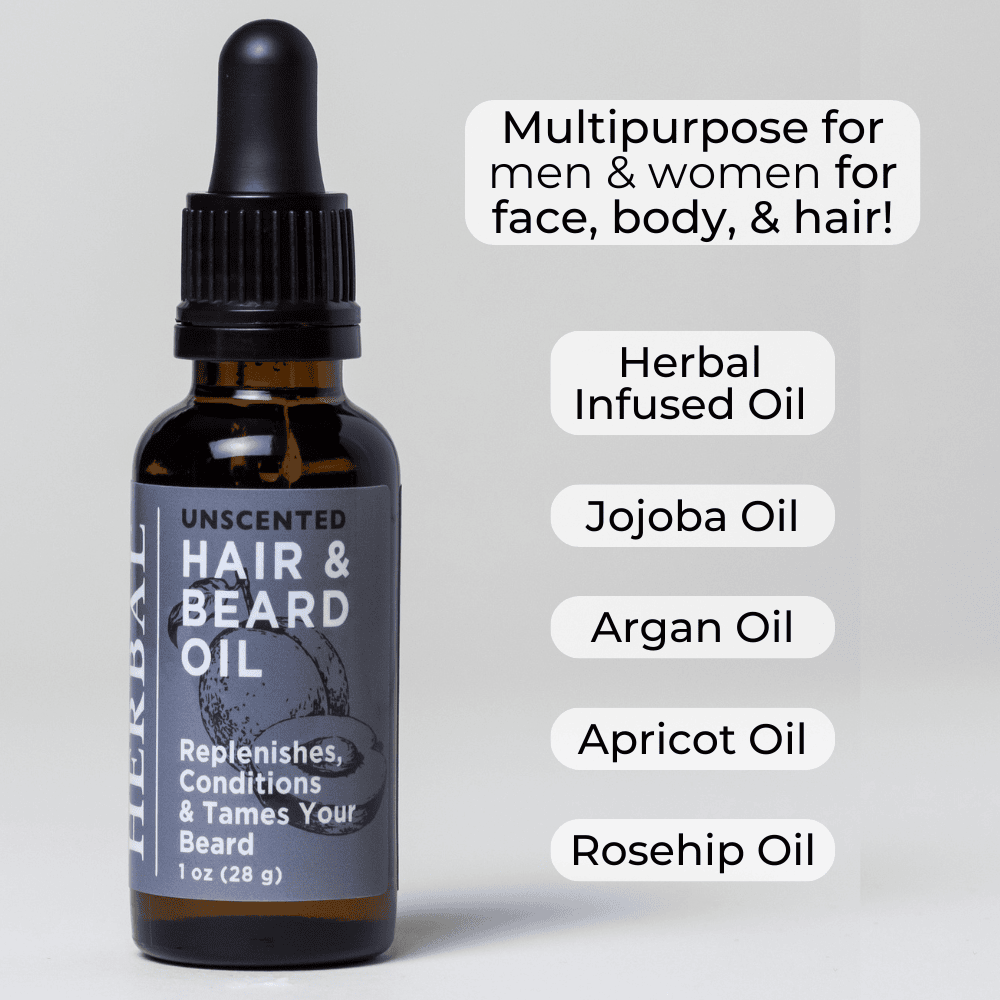 Unscented Hair and Beard Oil 1oz White Background with Shadows Ingredients Infographic