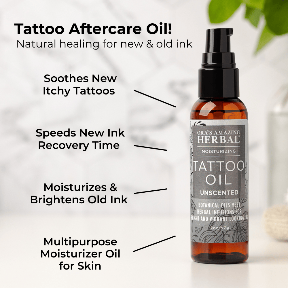 Unscented Tattoo Oil 2oz with Lines Lifestyle Indoor Leaves Benefits Infographic