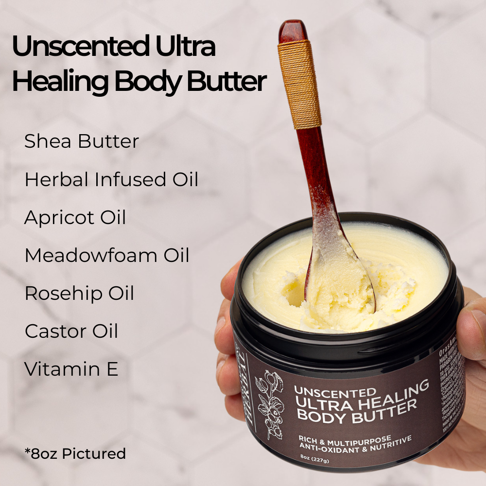 Unscented Ultra Healing Body Butter with spoonful of product and list of ingredients on a neutral background