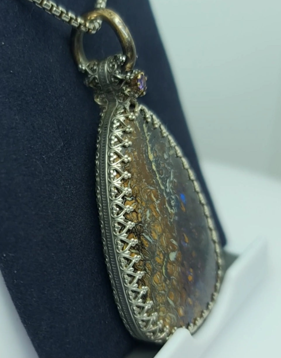 Boulder Opal Sterling Silver Pendant, 2.25 inch, Sapphire Accent, 24 inch Chain