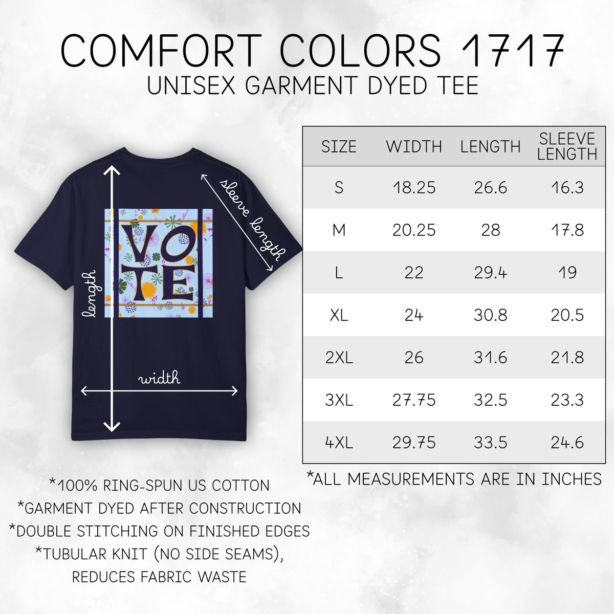 vote-unisex-graphic-tshirt-voter-engagement-tee-hand-drawn-art-size-chart