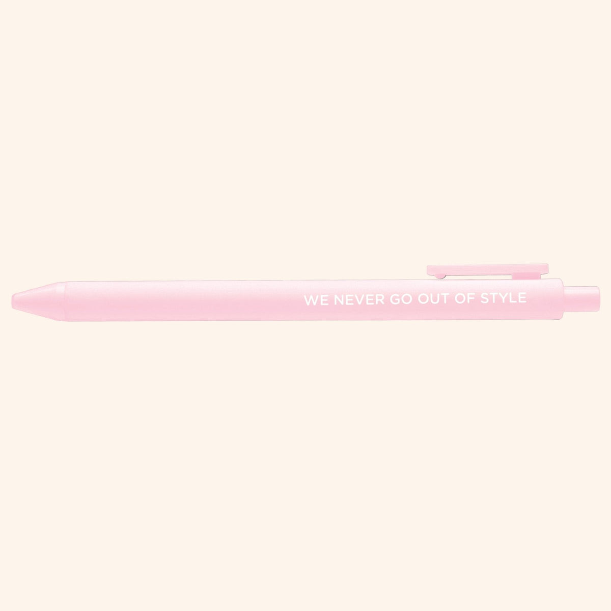 We never go out of style pen detail — embossed lettering on a blush pink barrel by indie artist MangoIllustrated
