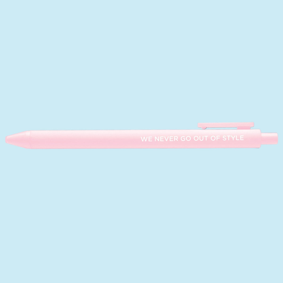We never go out of style pen flat lay — blush pink gel pen stationery gift by indie artist MangoIllustrated