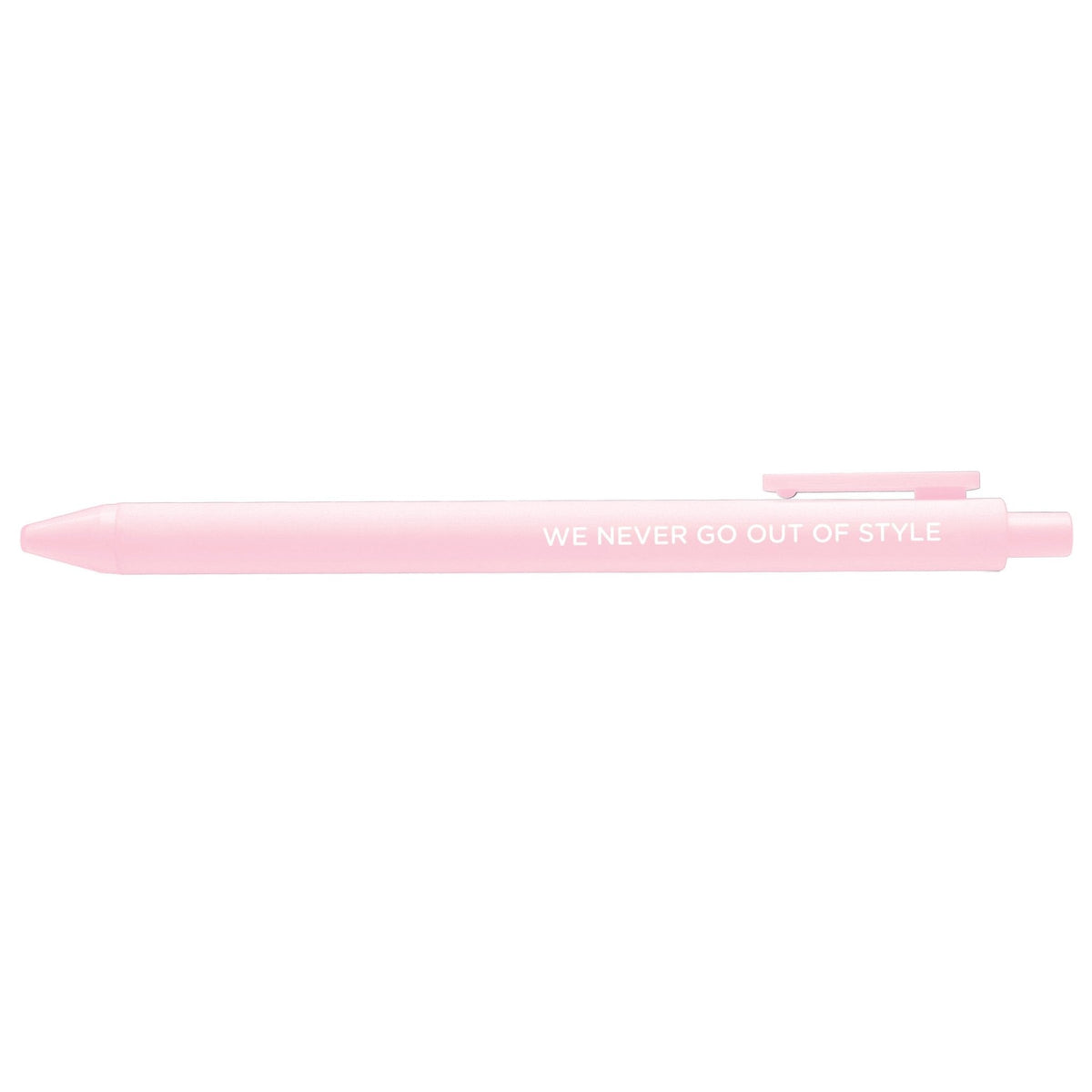 We never go out of style jotter pen — blush pink barrel with embossed lettering and black gel ink, 0.5mm, by MangoIllustrated