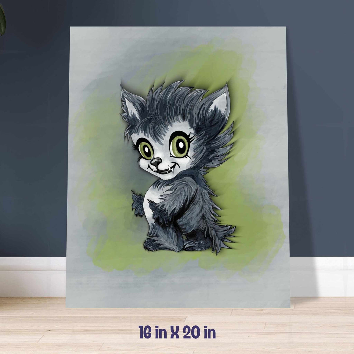 Werewolf art print in the 16x20 inch size, leaning against a navy blue wall on a light wood floor.