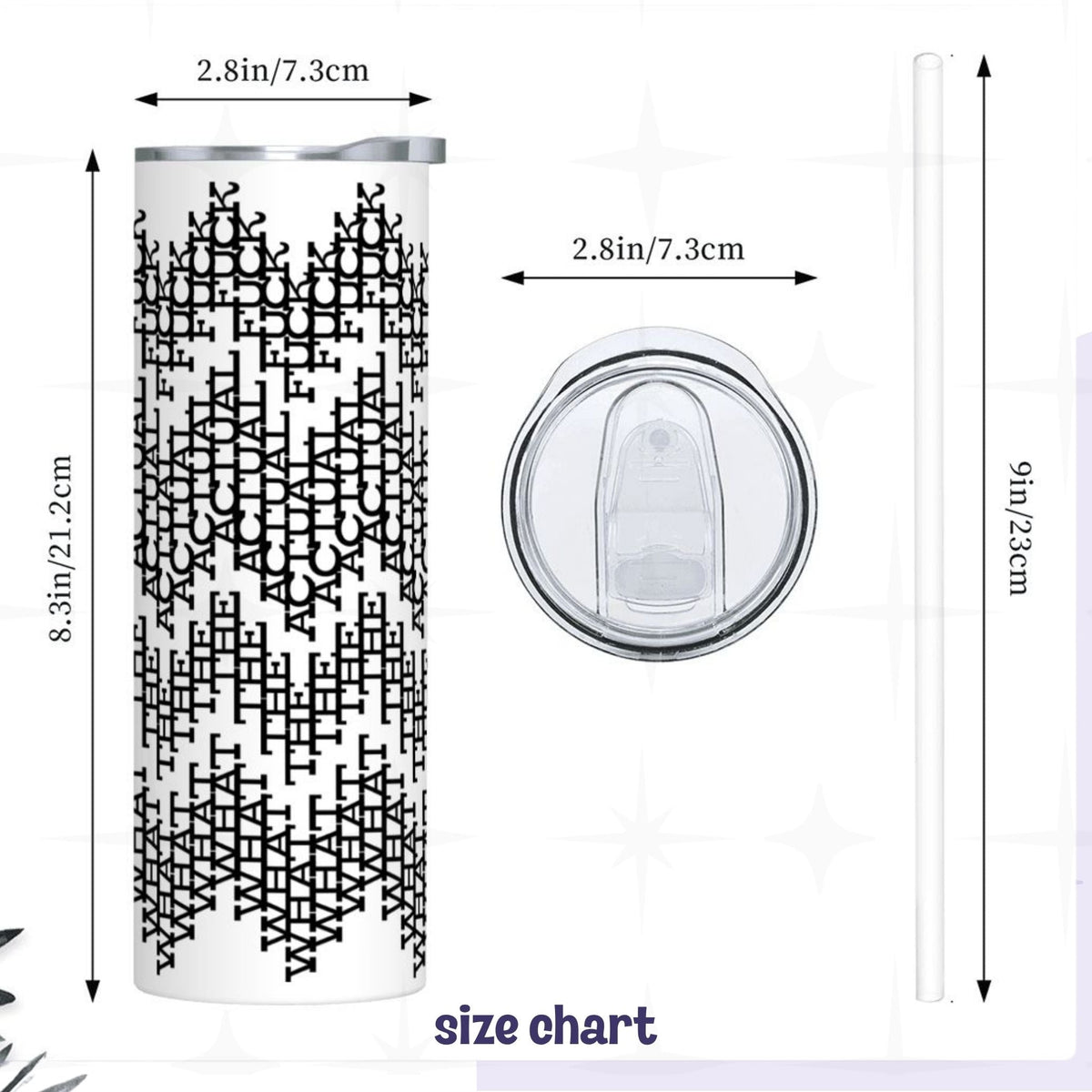 Size chart for the 20oz skinny hidden message tumbler showing 8.3 inch height and 2.8 inch diameter with close-up of sliding splash-proof lid
