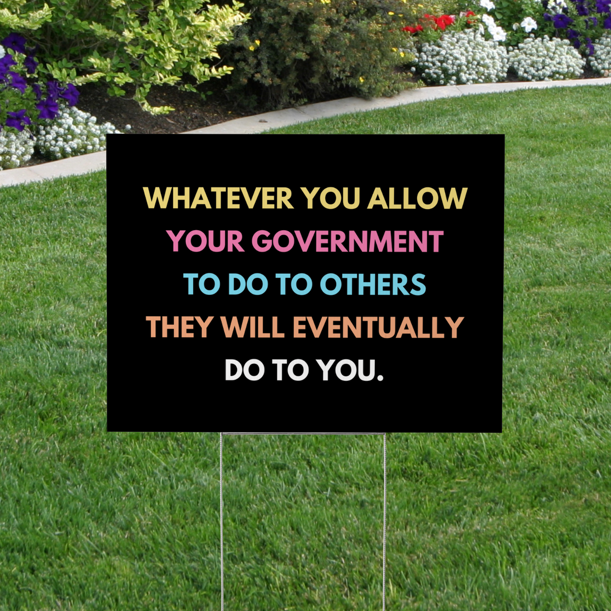 black yard sign with pastel lettering reads "whatever you allow your government to do to others they will eventually do to you"