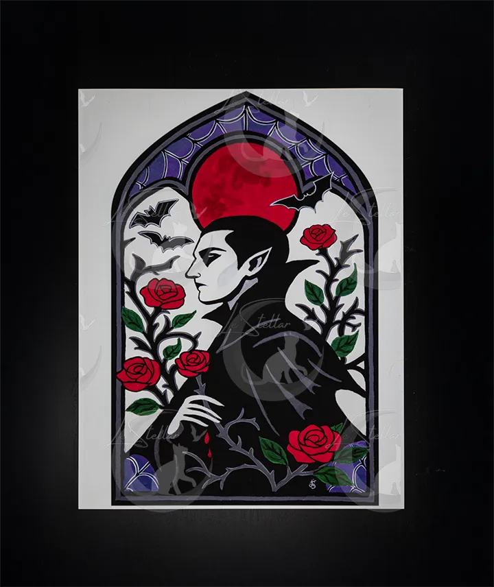 Vampire and Roses Stained Glass Motif Acrylic Hand-Painted Print: Dark Fantasy Cozy Goth Decor