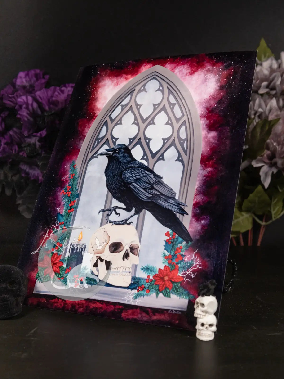Gothic Raven Skull Painting: Dark Fantasy Print, Original Hand-Painted Art