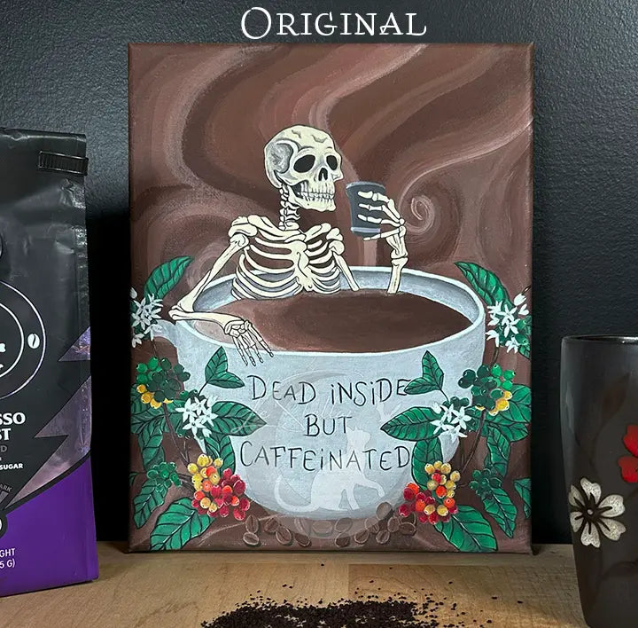 Spooky Coffee Bar Decor, Skeleton Artwork, Gothic Painting, Coffee Mug Print, Halloween