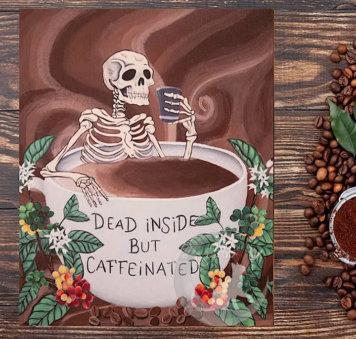 Spooky Coffee Bar Decor, Skeleton Artwork, Gothic Painting, Coffee Mug Print, Halloween