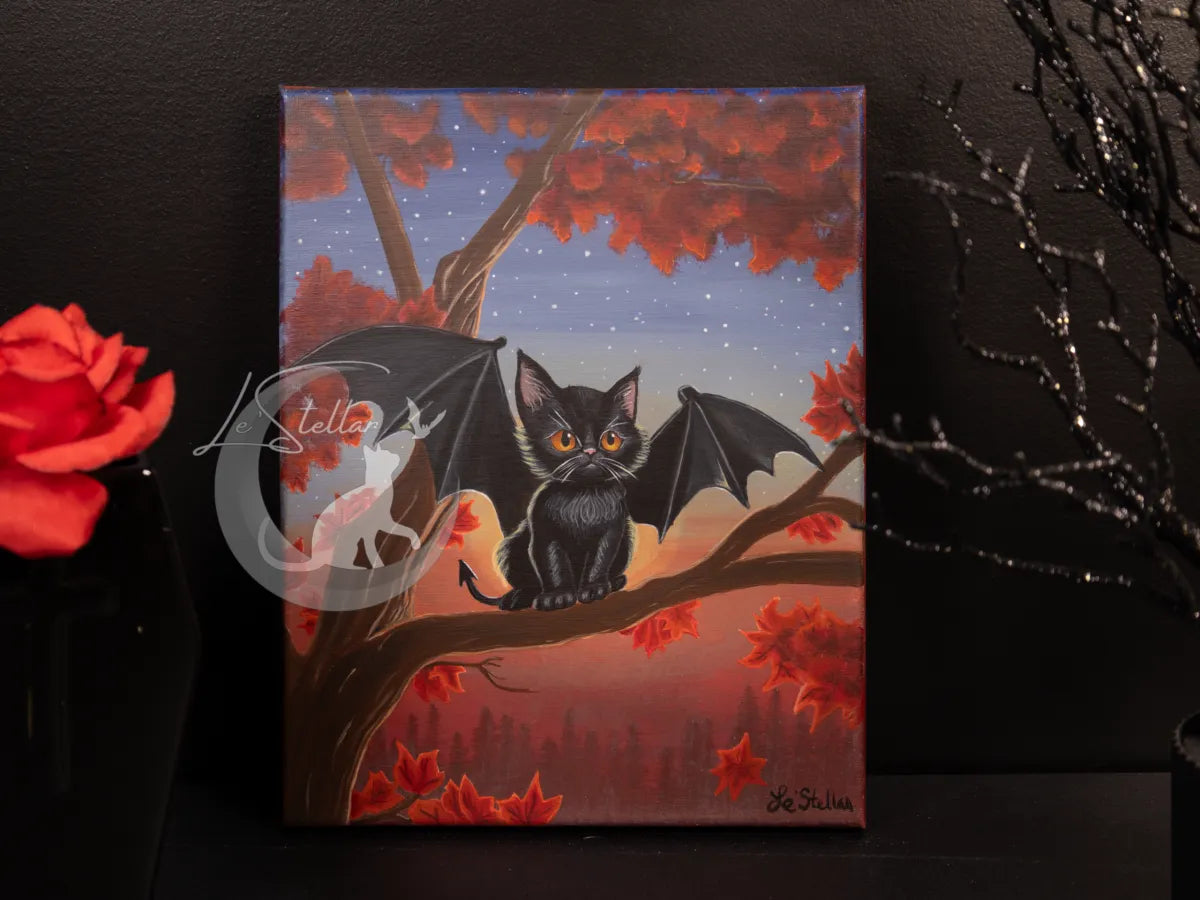 Bat Cat Acrylic Painting: Original Hand-Painted Art