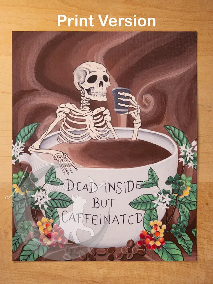 Spooky Coffee Bar Decor, Skeleton Artwork, Gothic Painting, Coffee Mug Print, Halloween