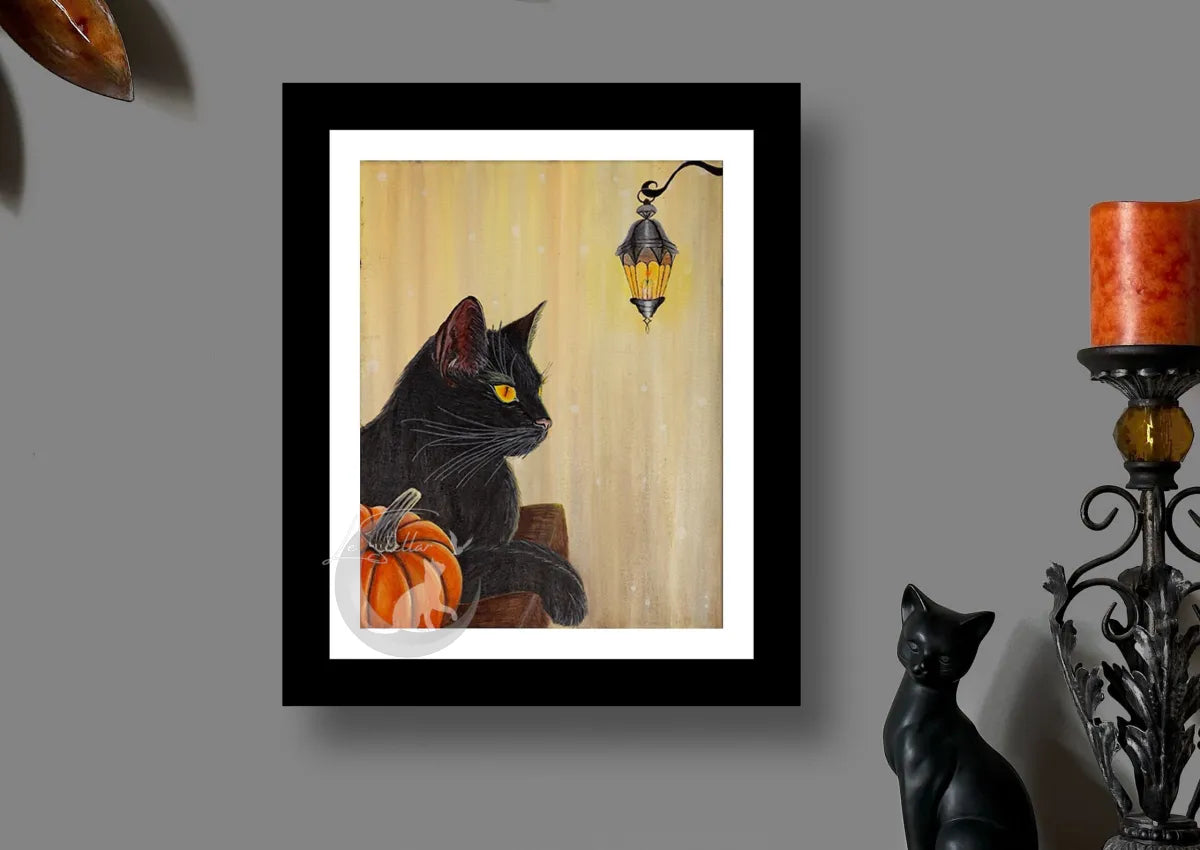 Black Cat Art Print, Pumpkin Painting, Spooky Fall Wall Decor, Original Hand-Painted Art