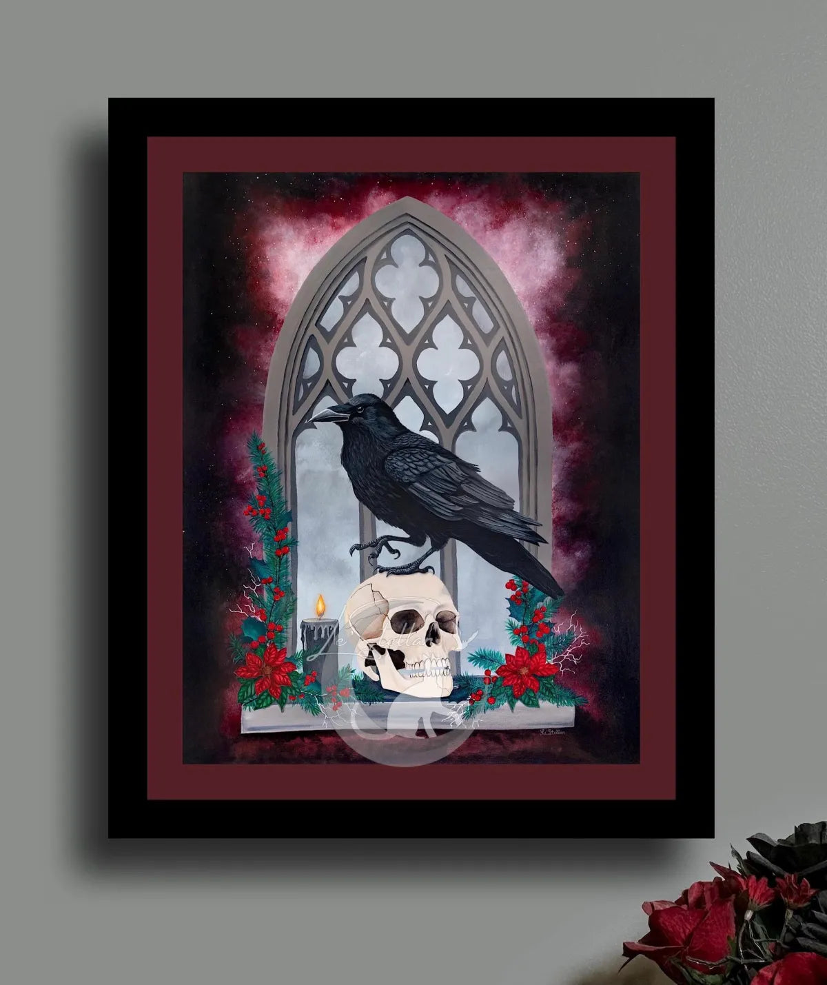 Gothic Raven Skull Painting: Dark Fantasy Print, Original Hand-Painted Art