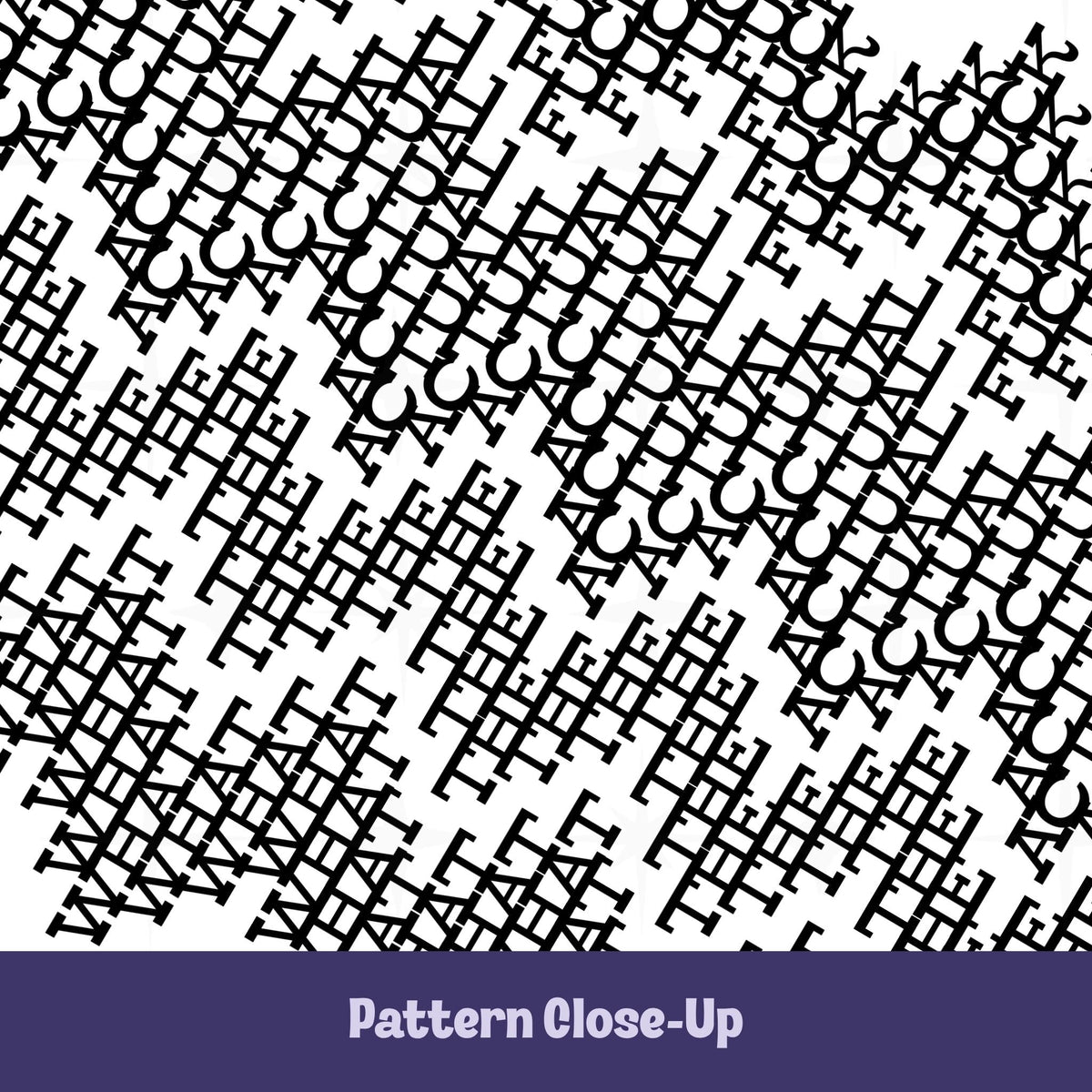 Close-up of the black typographic pattern on the What The Actual Fuck tumbler showing dense overlapping letterforms in mixed serif typefaces