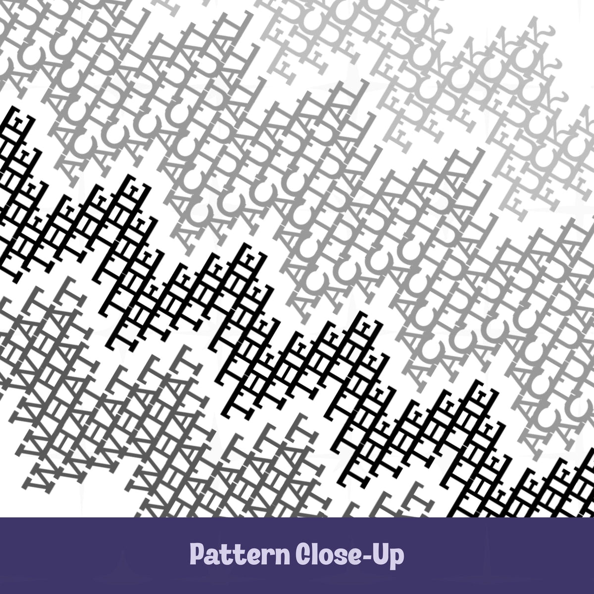Close-up of the gray and black typographic pattern on the WTAF hidden message tumbler showing the layered word-band design