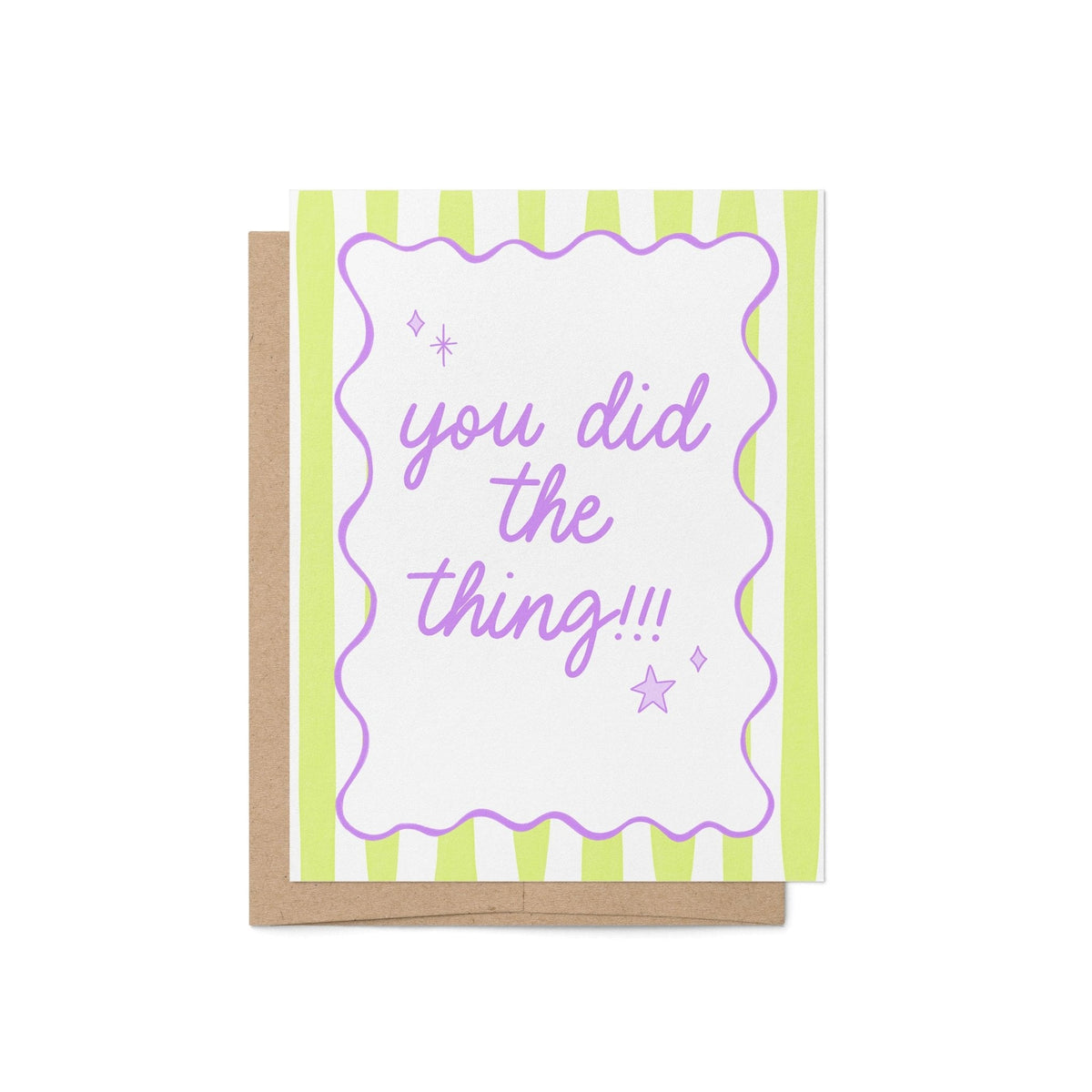 You Did the Thing congratulations card — lavender hand lettered script on pastel green stripes with a wavy purple border, 4.25 x 5.5 inch folded card, by MangoIllustrated