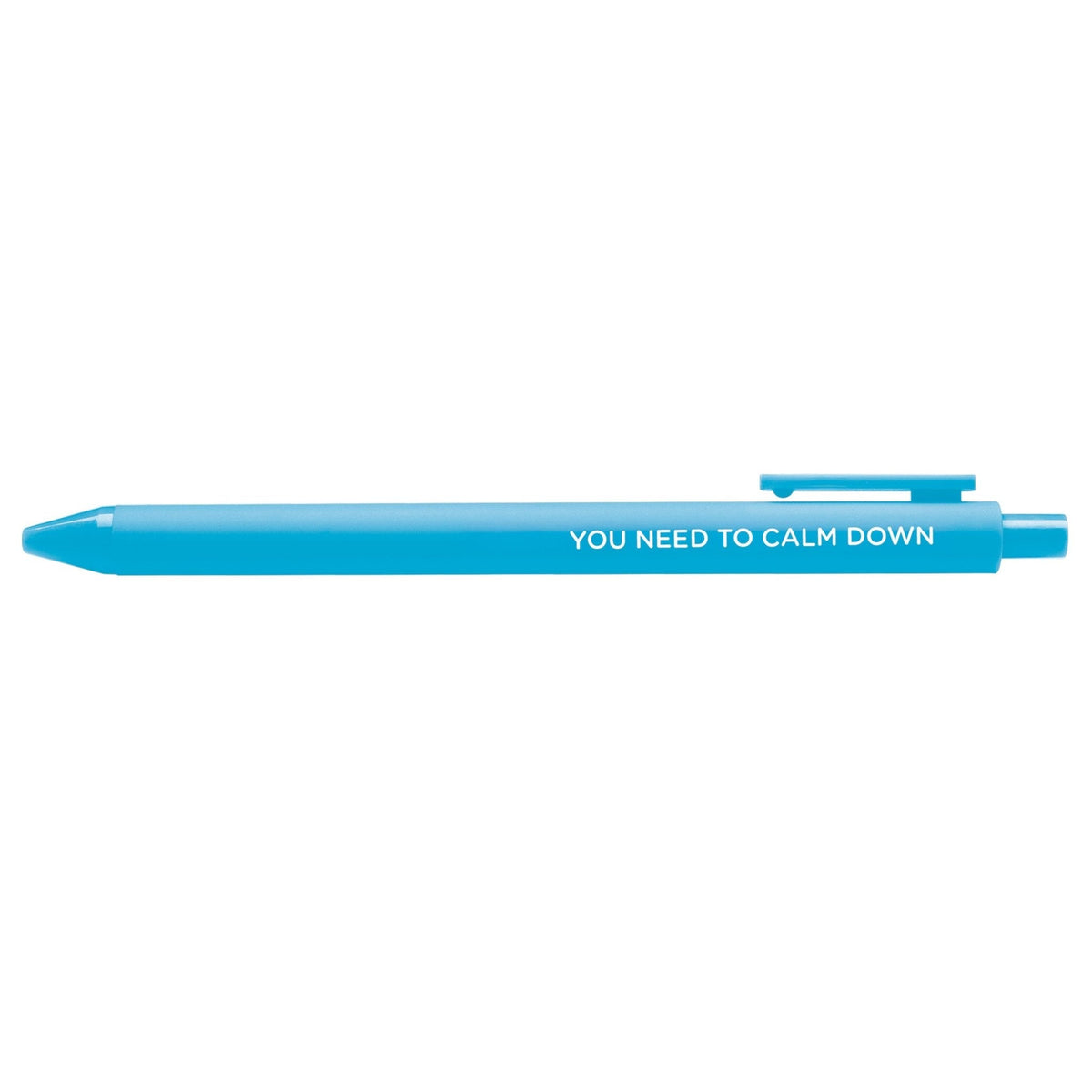 You Need to Calm Down jotter gel pen — bright blue barrel with embossed lettering and black gel ink, 0.5mm, by MangoIllustrated
