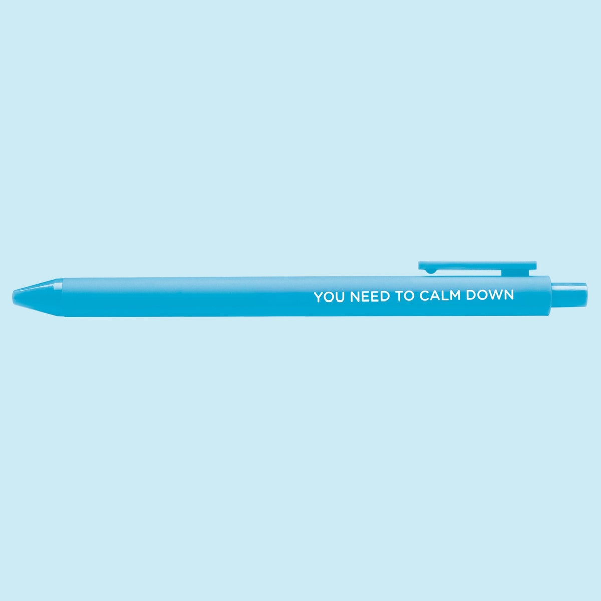 You Need to Calm Down pen close-up — 0.5mm fine point black gel ink pen by indie artist MangoIllustrated