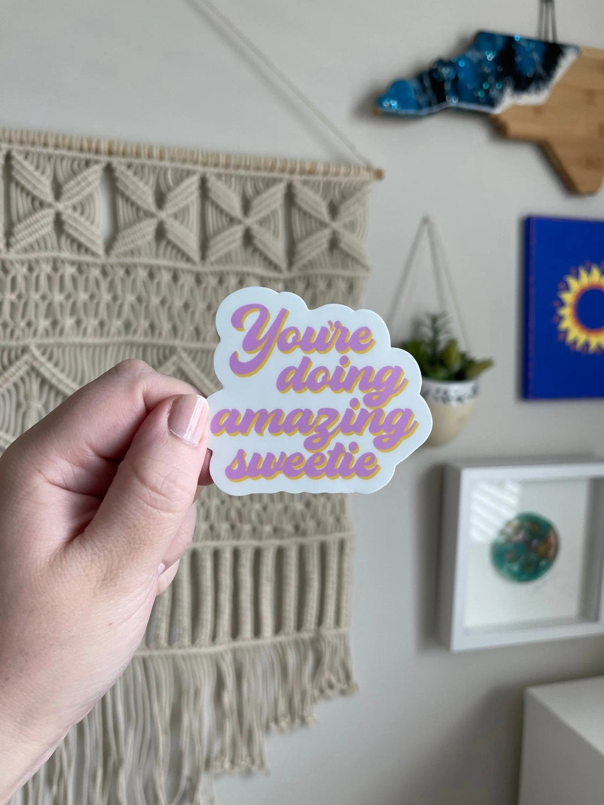 You’re doing amazing sweetie sticker — bold retro hand lettered quote design, approx 3 x 2.25 in waterproof vinyl, by MangoIllustrated