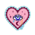 A heart-shaped sticker or patch design featuring a stylized blue eye with teardrops, a pink background with white dots and star accents, a dark purple scalloped border, and a light blue outer border.