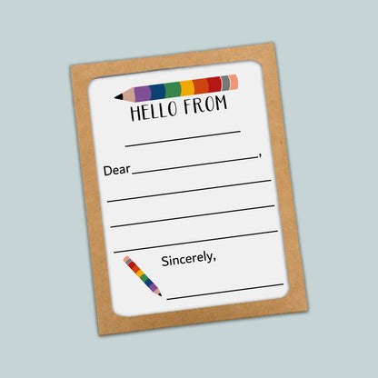 The image is a greeting card with a blank space for writing a message and a pencil graphic.