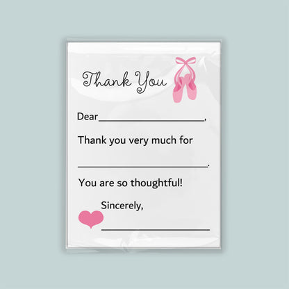The image is a white thank you card with a pink ballet shoe graphic and a heart symbol. The card has a blank space for a recipient&