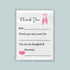 The image is a white thank you card with a pink ballet shoe graphic and a heart symbol. The card has a blank space for a recipient&