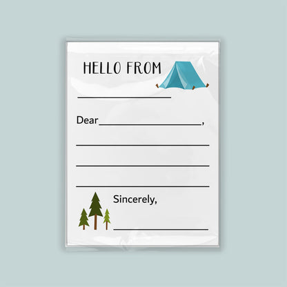 The image is a letterhead with a camping tent and pine trees on it, along with a blank space for a message.