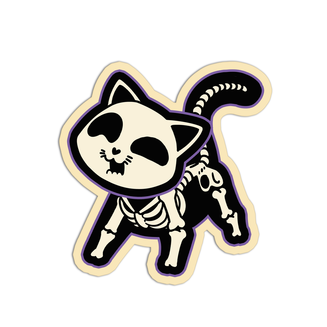 Sticker of a skeleton cat with a beige border on a white background