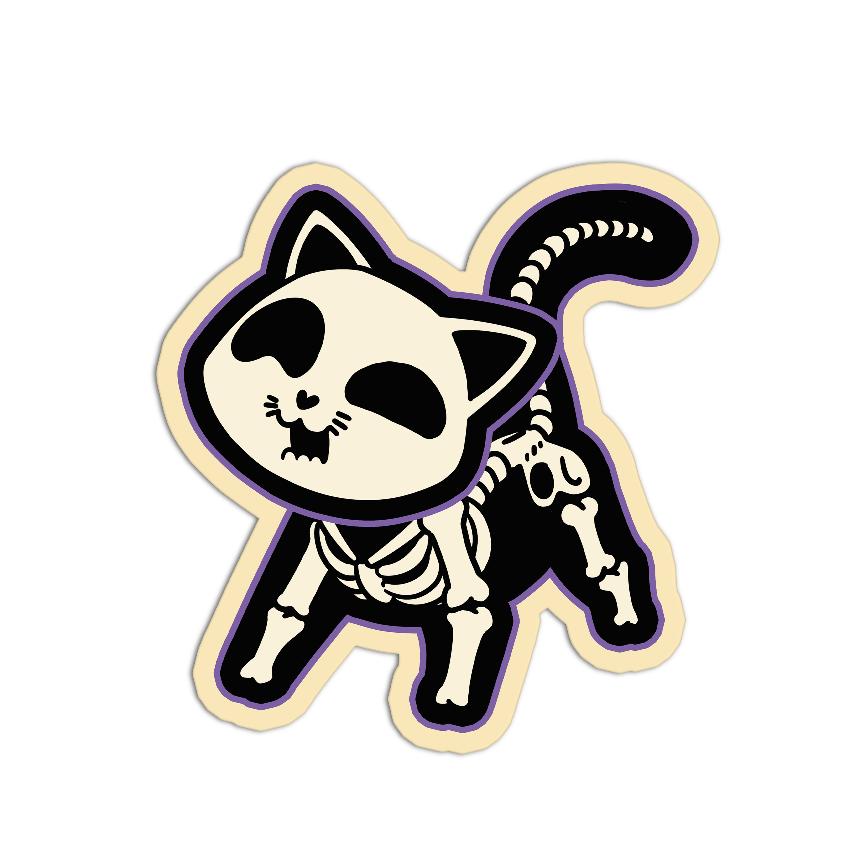 Sticker of a skeleton cat with a beige border on a white background