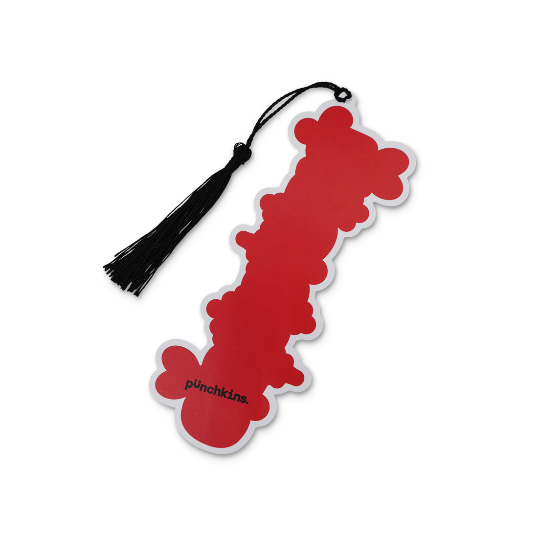 Red and white bookmark with black tassel on a white background