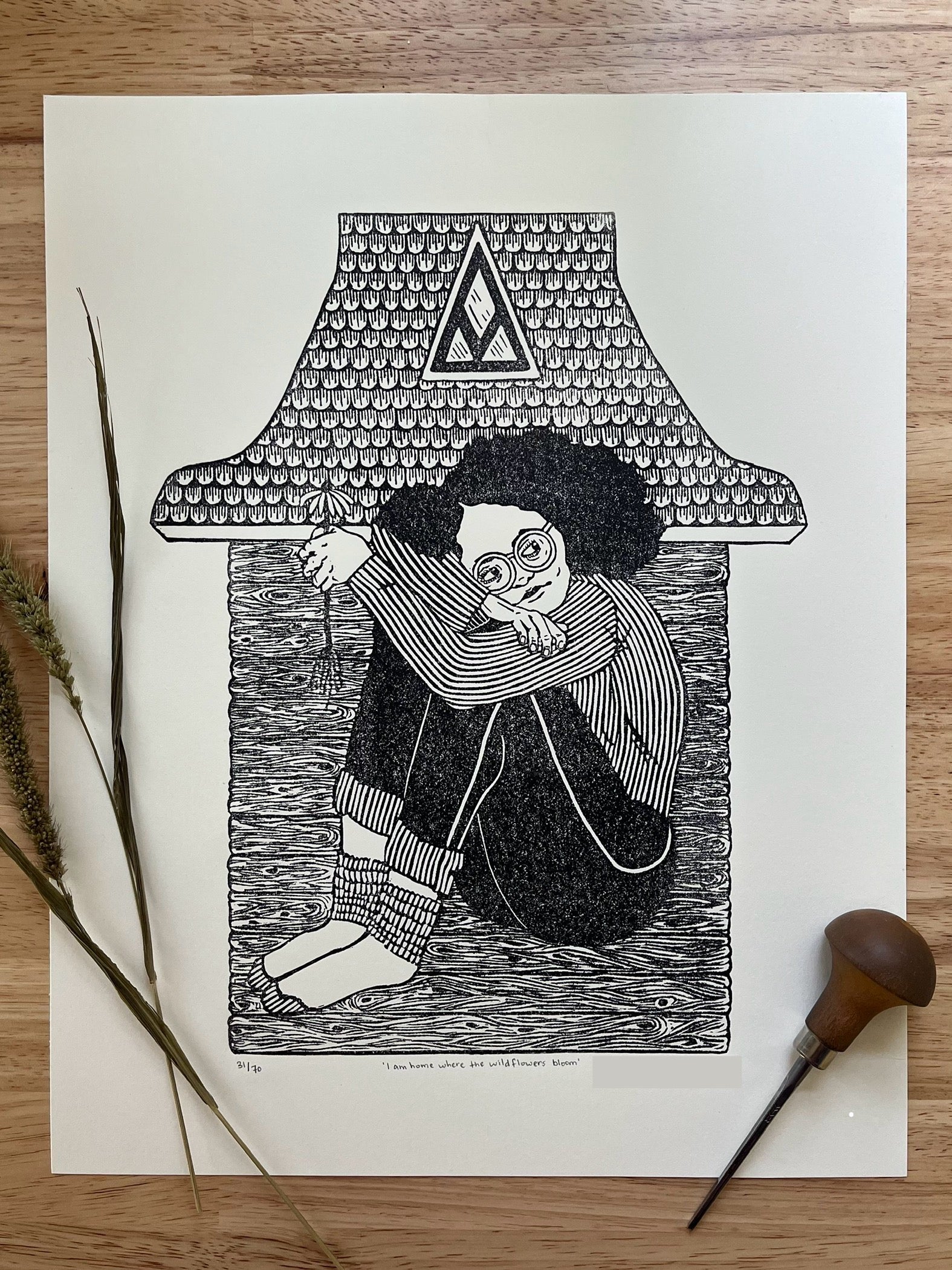 “I am home where the wildflowers bloom” Limited Edition Linoleum Block Print