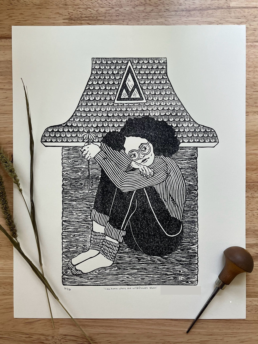 “I am home where the wildflowers bloom” Limited Edition Linoleum Block Print
