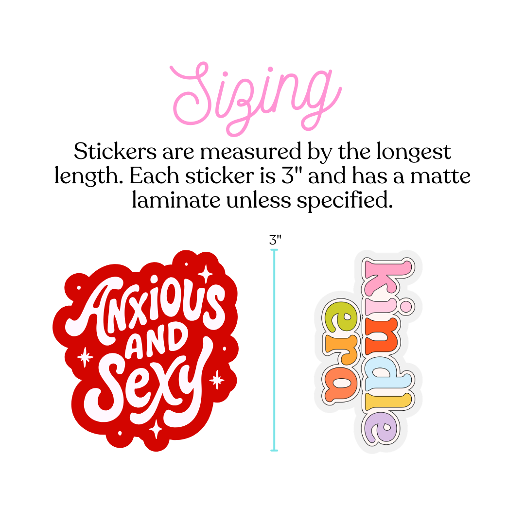 Sizing information for decorative stickers on a white background, with text stating stickers are measured by the longest length and each is 3 inches. Two sticker examples are shown: a red scalloped sticker reading &