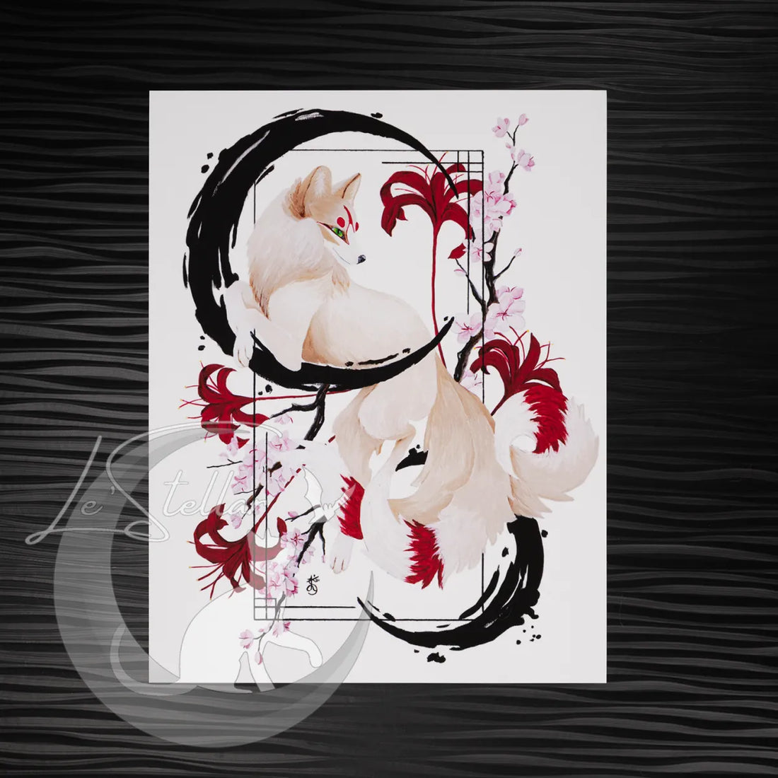 Kitsune Fox Art Painting Print, Japanese Sumi-e Inspired Wall Art