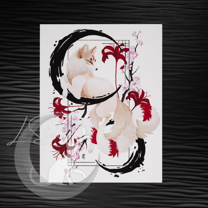 Kitsune Fox Art Painting Print, Japanese Sumi-e Inspired Wall Art